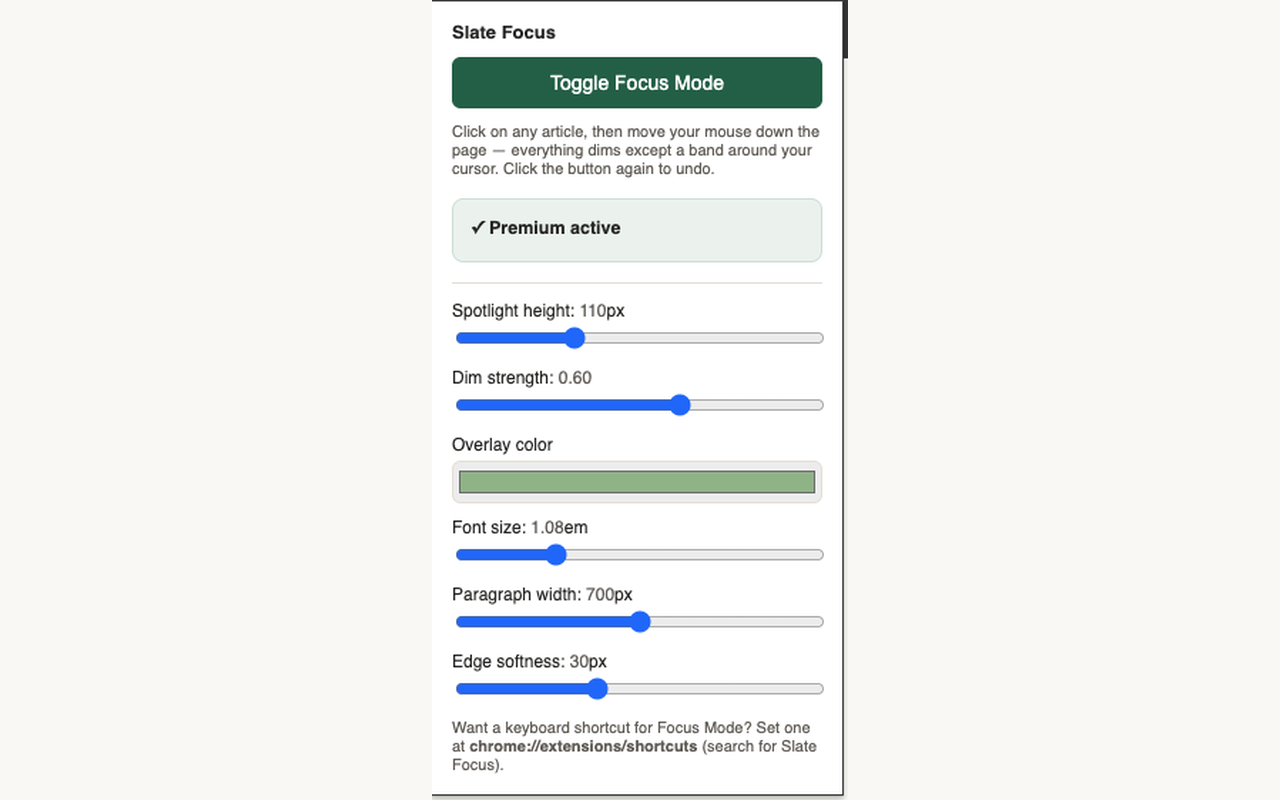 Slate Focus popup showing the toggle and customization controls