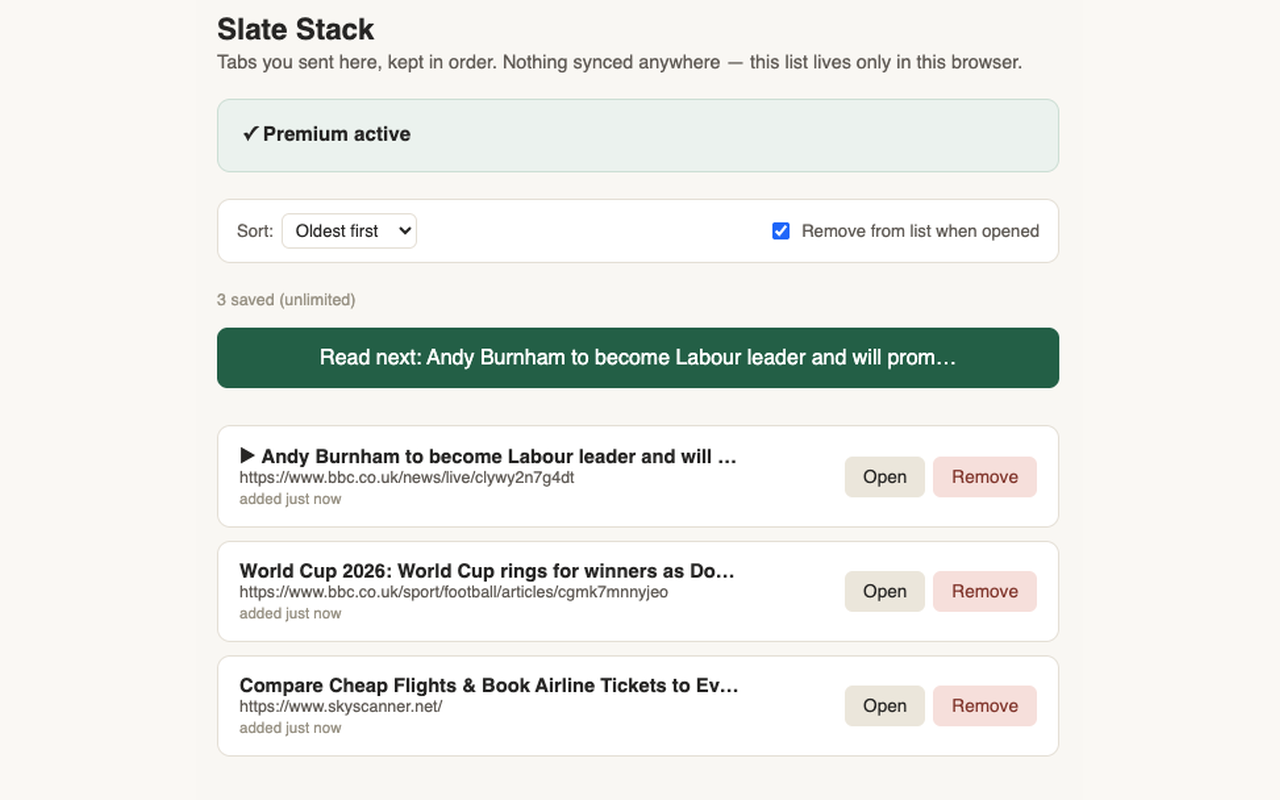 Slate Stack queue page showing saved tabs and premium unlocked